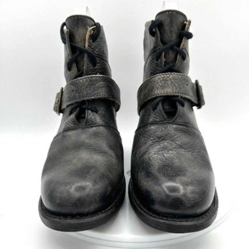 BED STU Rustic Wedge Ankle Boots Womens 6.5 Teak Two Tone Leather Buckle Western
